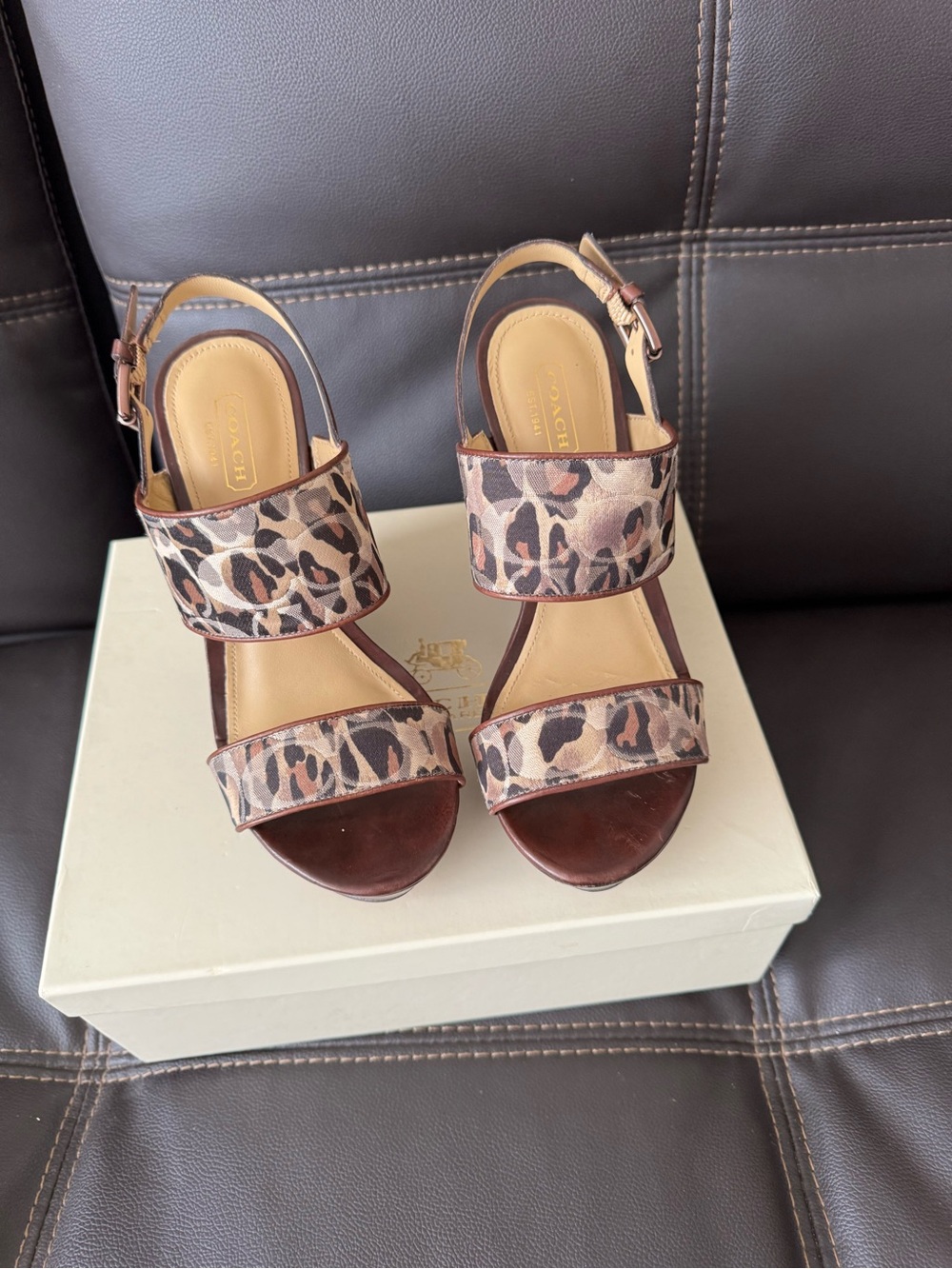 Coach Leopard-Print Leather Slingback Sandals in Brown and Tan